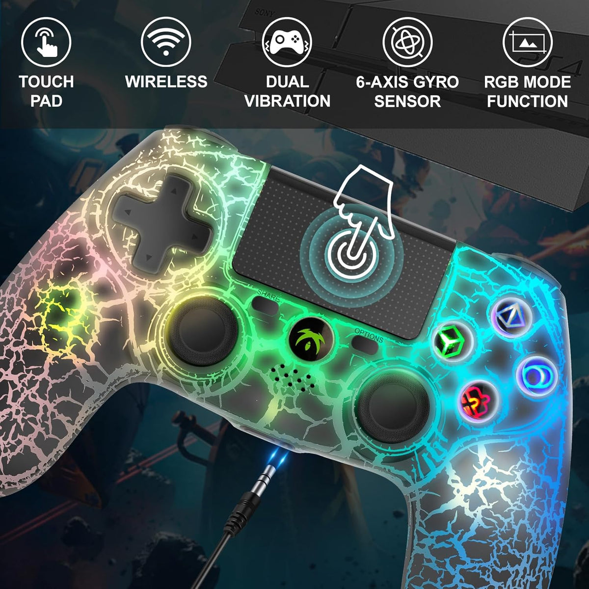 DYONDER Wireless Controller for PS4/PC/iOS, Wireless Remote Gamepad with Unique Cracked Design/Dual Vibration/6-Axis Motion Sensor/Audio Function(Black)