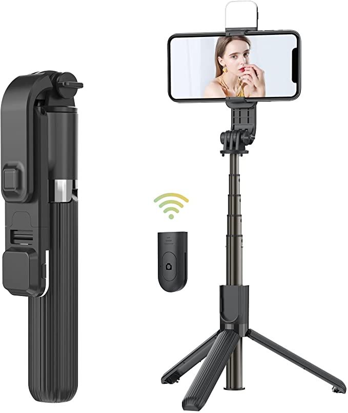 Perche à Selfie R1S-L avec Trépied Extensible de 1,7 m, Lumière d'Appoint, Rotation à 360° et Télécommande