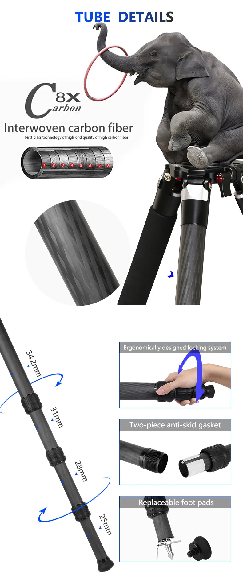 Trépied télescopique en fibre de carbone pour appareil photo et vidéo