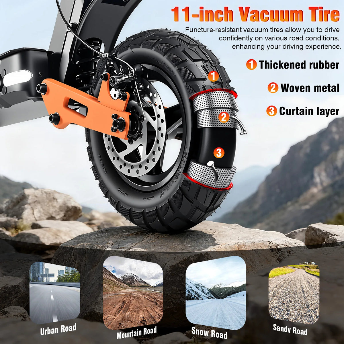 Trottinette électrique tout-terrain 48 V – moteur 1 000 W, pneus de 11 pouces