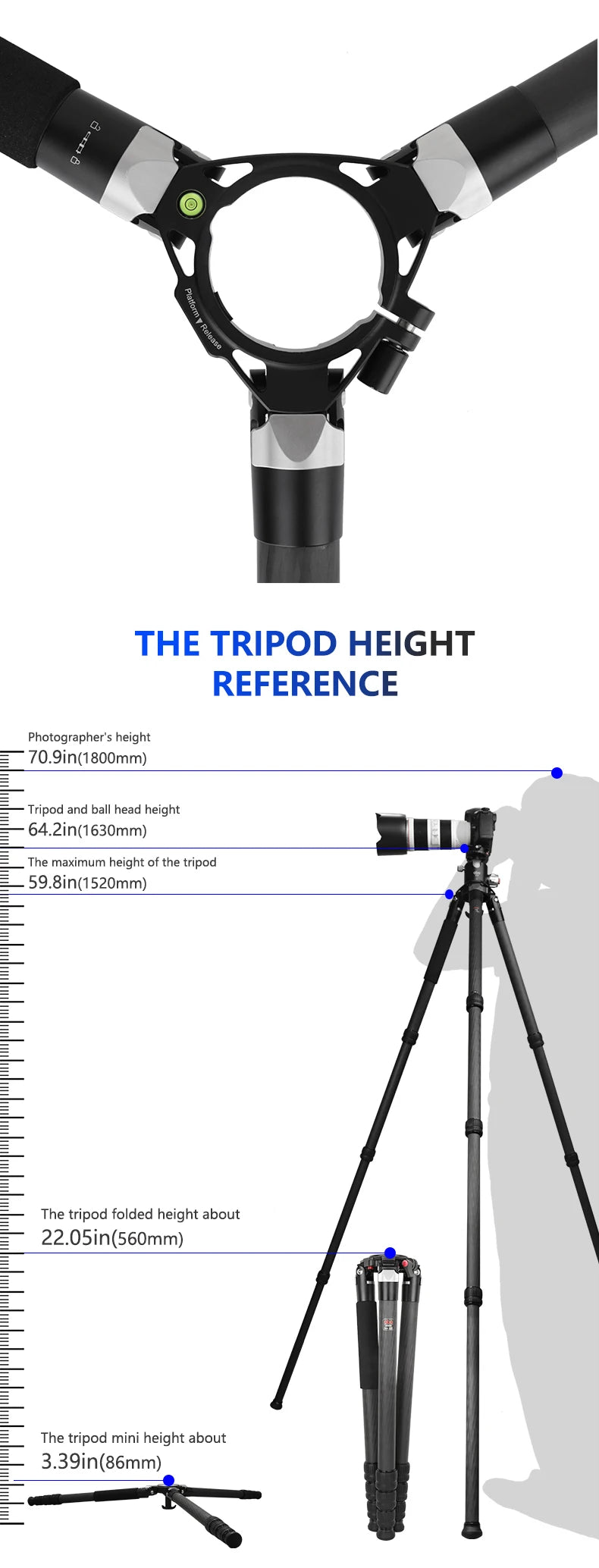 Trépied télescopique en fibre de carbone pour appareil photo et vidéo