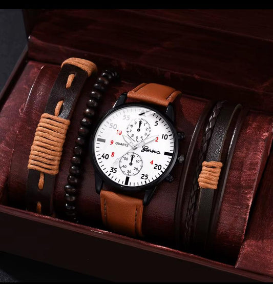 Montre Homme Élégante avec Bracelets Cuir & Perles (minimum 5PCS)