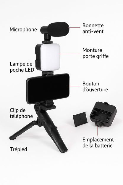 Kit Vlogging Complet avec Trépied, Microphone, Lampe LED et Support Smartphone