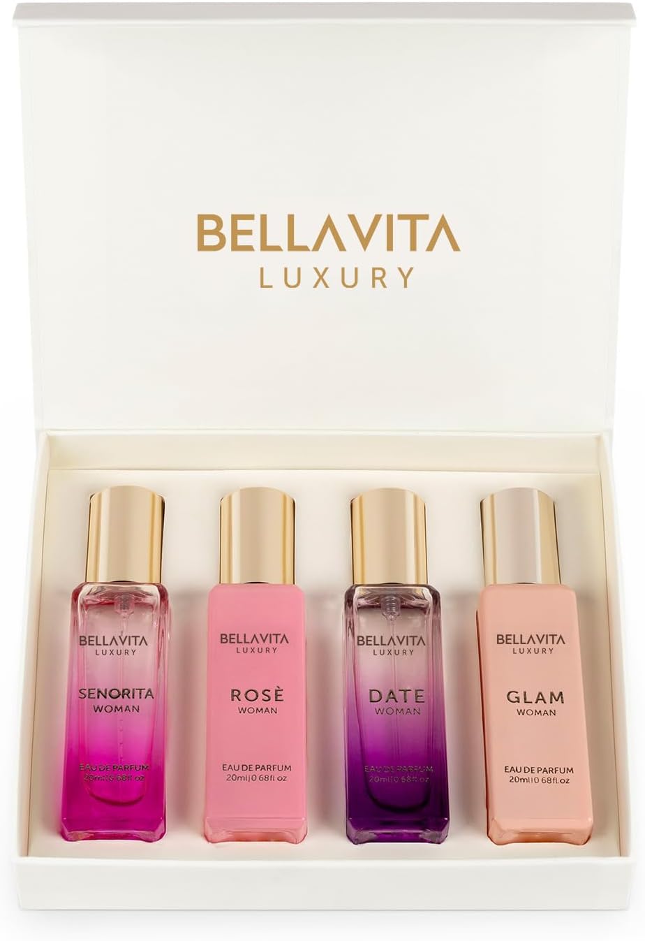 BellaVita Luxury Perfume Gift Set for Women | Includes DATE, Senorita, GLAM, ROSE Perfumes | Floral, Fruity & Savoury Long Lasting Scents | Gift Set for Women | Special Womens Collection (4x20ml)