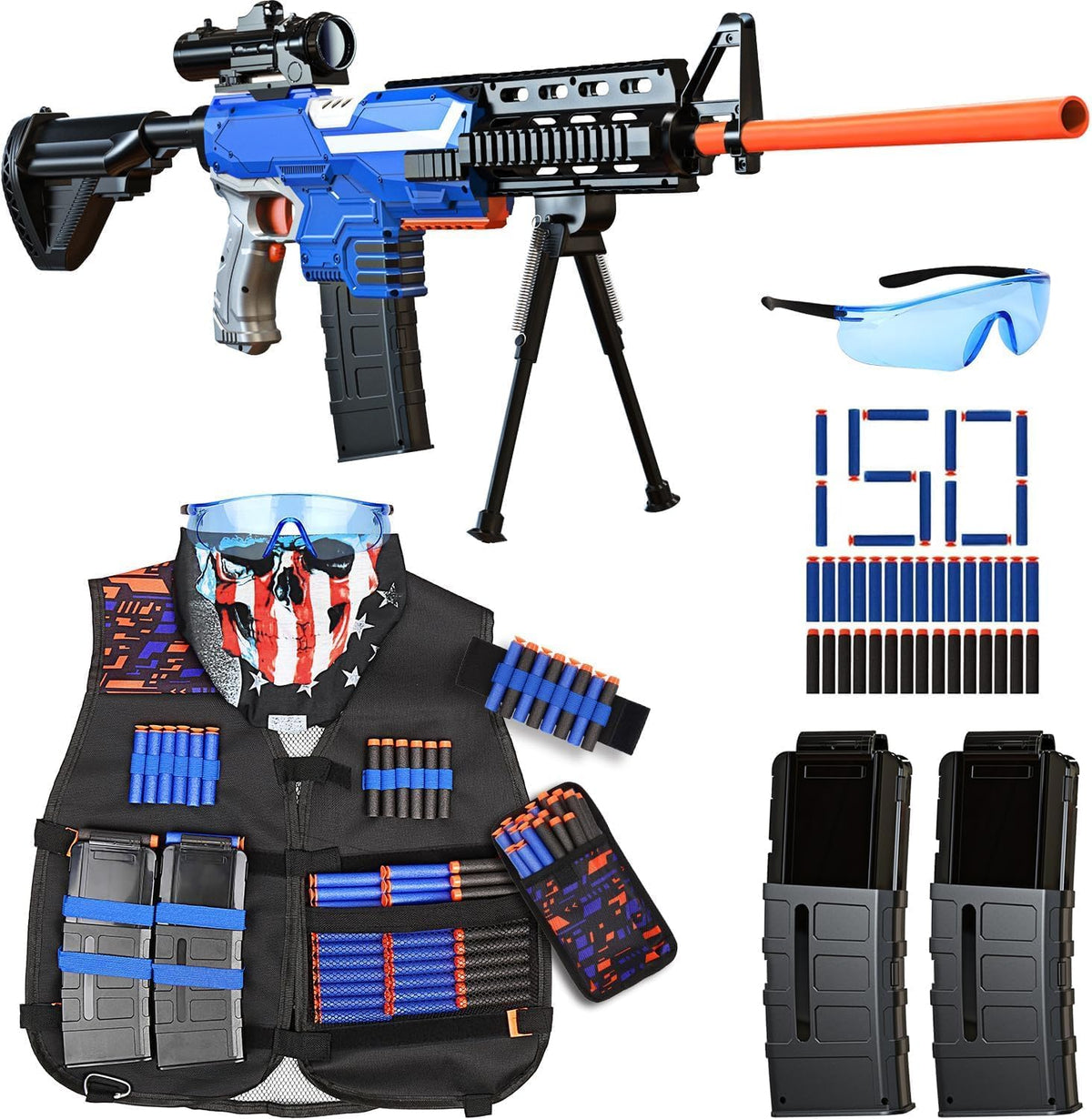 Toy Gun for Nerf Guns Bullets Automatic Sniper Rifle -3 Modes Toy Foam Blasters with Tactical Vest, Bipod, 2 Clips and 150 Darts, Electric Toys for Adults Boys Age 8-12 Gifts for Birthday Xmas