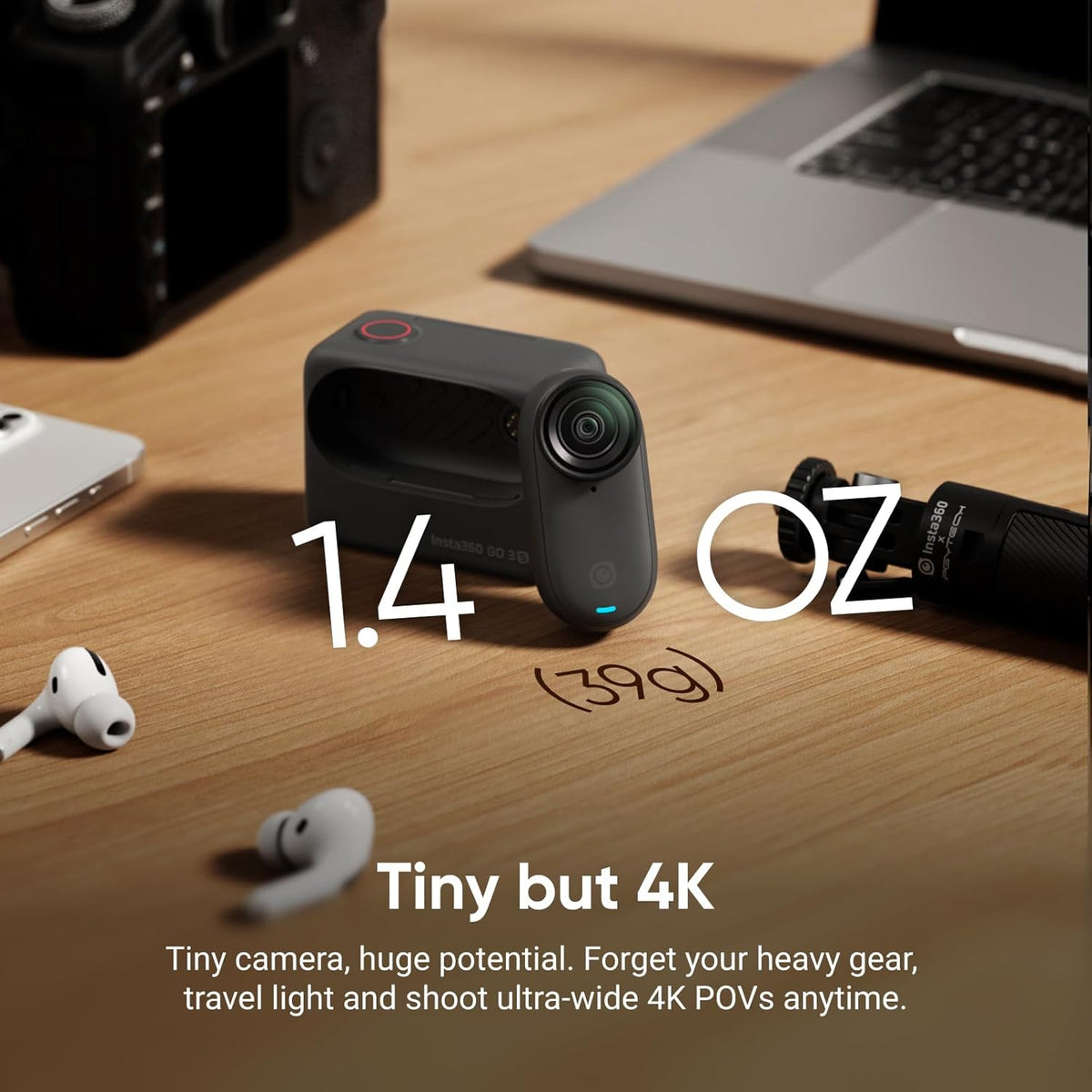 Insta360 GO 3S 128GB 4K Mini Portable Vlogging Camera, Hands-Free, Mount Anywhere, Stabilization, 140-Minute Battery life, 10m Waterproof, Pet POV, Black
