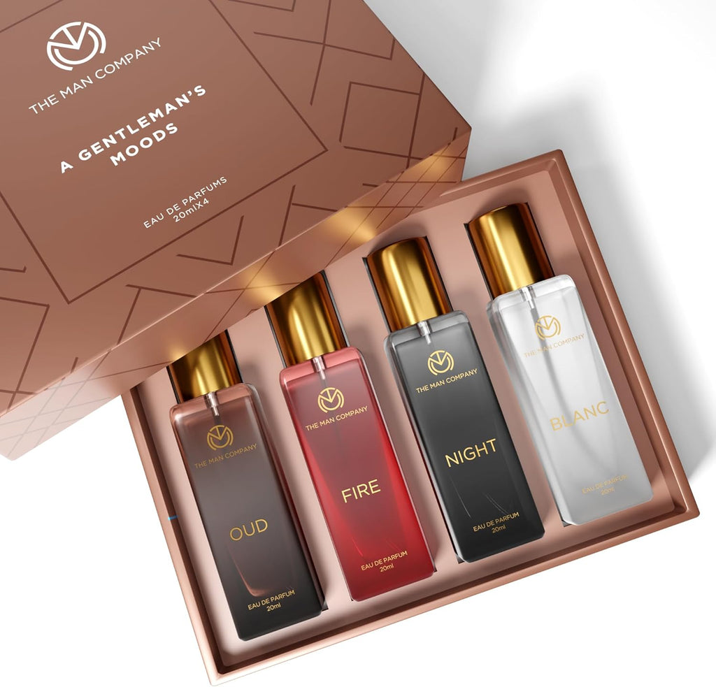The Man Company Specially Curated Perfume Gift Set for Men 4 * 20ml - A Gentleman’s Moods | Premium Long-Lasting Fragrance | Luxury EAU DE Parfum | Night for Date |Blanc for Office|Fire for Party