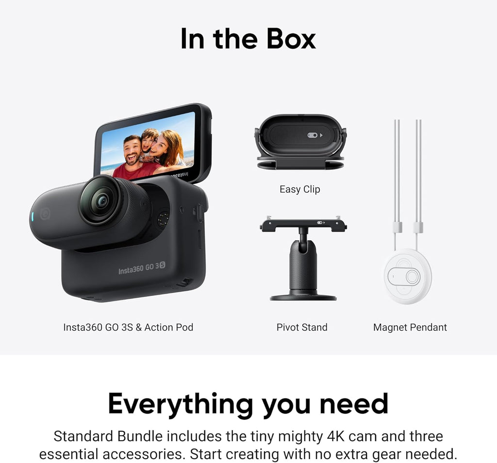 Insta360 GO 3S 128GB 4K Mini Portable Vlogging Camera, Hands-Free, Mount Anywhere, Stabilization, 140-Minute Battery life, 10m Waterproof, Pet POV, Black