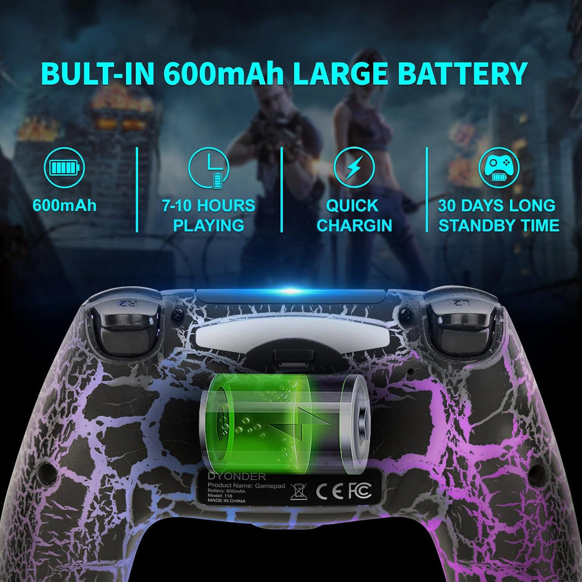 DYONDER Wireless Controller for PS4/PC/iOS, Wireless Remote Gamepad with Unique Cracked Design/Dual Vibration/6-Axis Motion Sensor/Audio Function(Black)