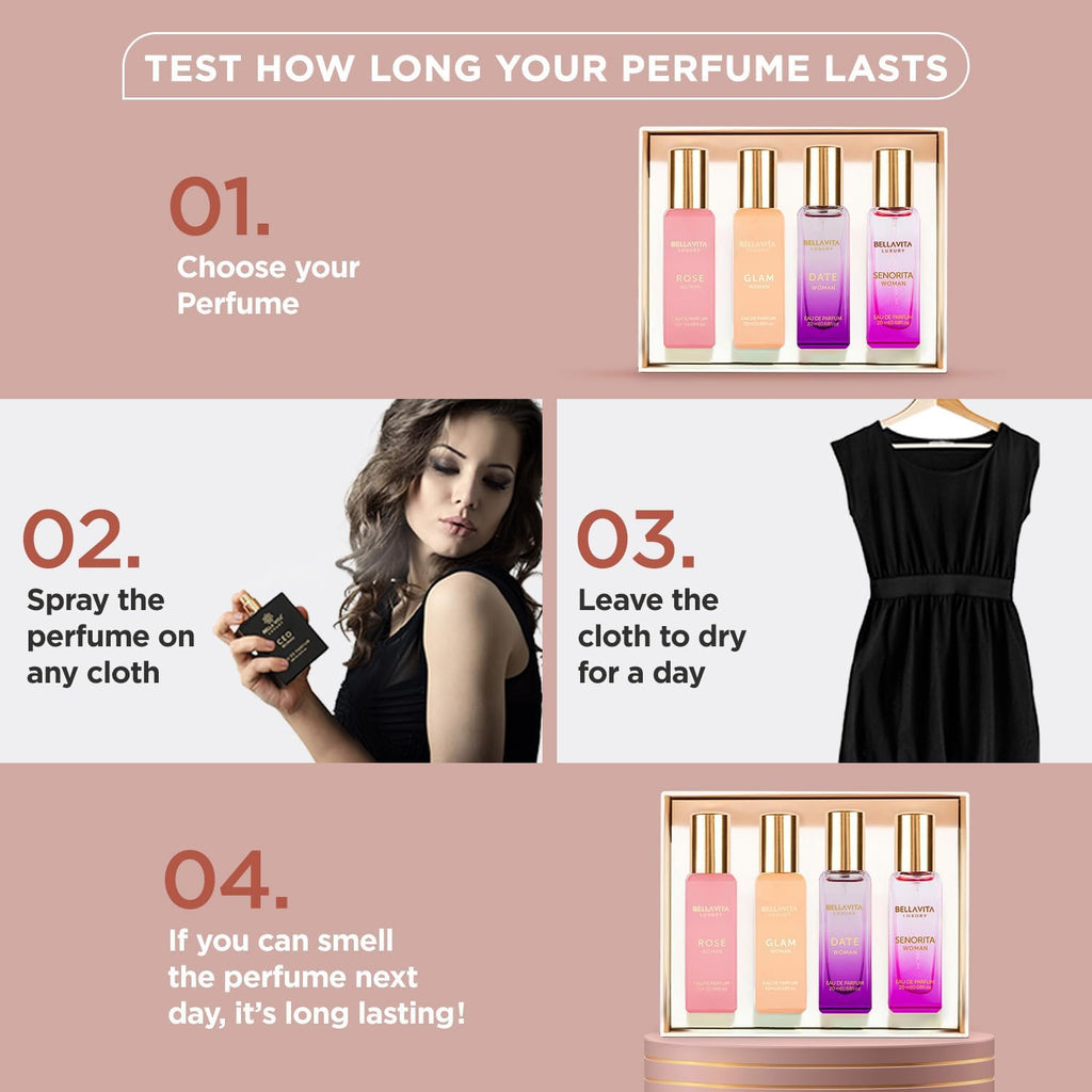 BellaVita Luxury Perfume Gift Set for Women | Includes DATE, Senorita, GLAM, ROSE Perfumes | Floral, Fruity & Savoury Long Lasting Scents | Gift Set for Women | Special Womens Collection (4x20ml)