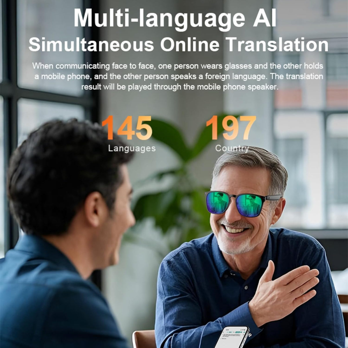 AI Smart Glasses with 140-Language Translation - Bluetooth Glasses for Music/Calls, Color-Changing Lenses, Men & Women (Travel & Business Meetings, Black)