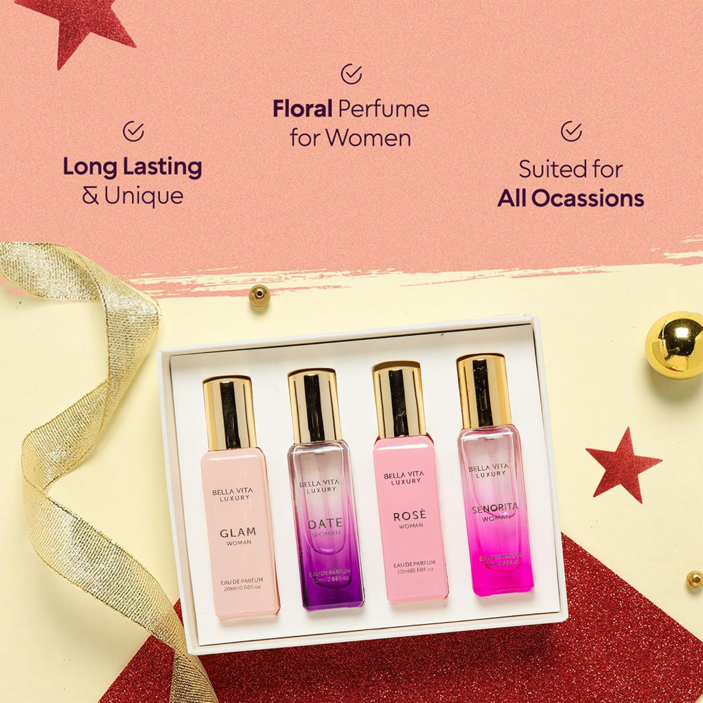 BellaVita Luxury Perfume Gift Set for Women | Includes DATE, Senorita, GLAM, ROSE Perfumes | Floral, Fruity & Savoury Long Lasting Scents | Gift Set for Women | Special Womens Collection (4x20ml)