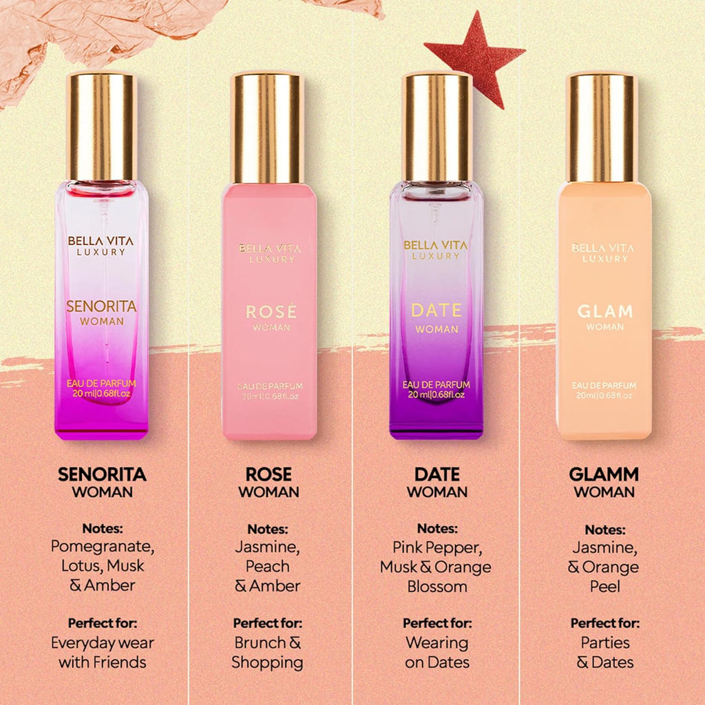 BellaVita Luxury Perfume Gift Set for Women | Includes DATE, Senorita, GLAM, ROSE Perfumes | Floral, Fruity & Savoury Long Lasting Scents | Gift Set for Women | Special Womens Collection (4x20ml)
