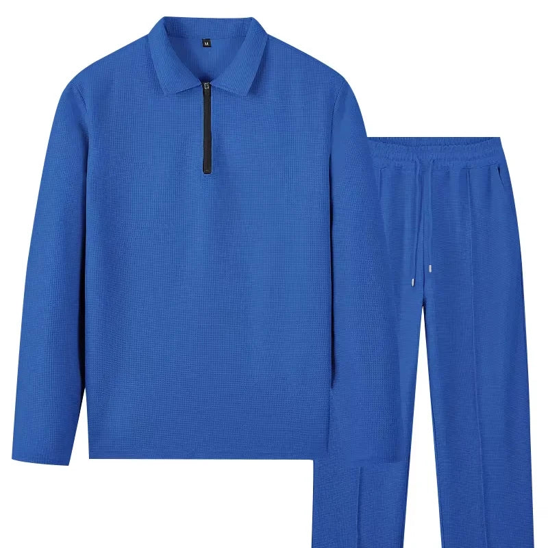 Ensemble polo homme à manches longues gaufrées avec pantalon assorti