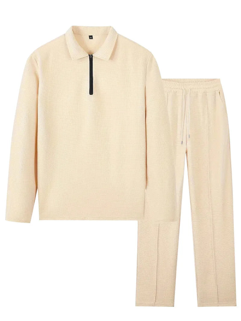 Ensemble polo homme à manches longues gaufrées avec pantalon assorti