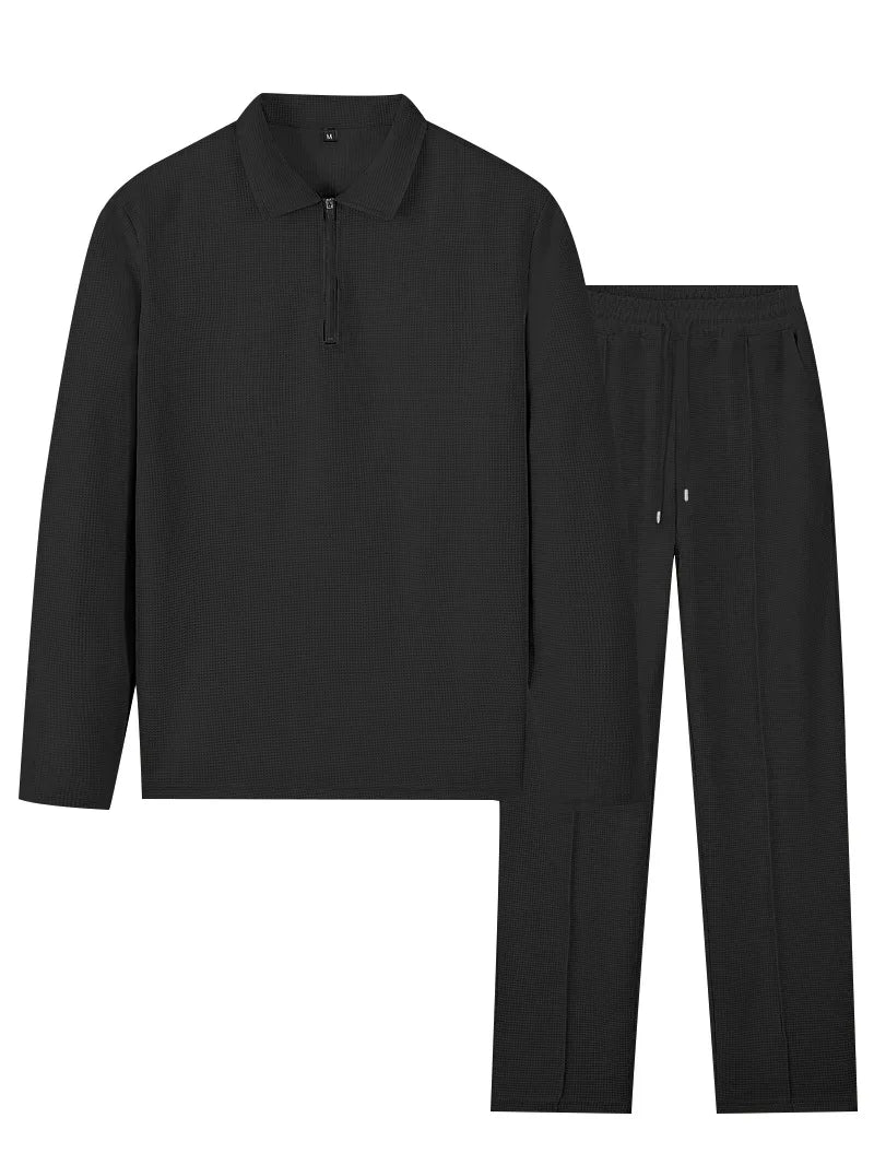 Ensemble polo homme à manches longues gaufrées avec pantalon assorti