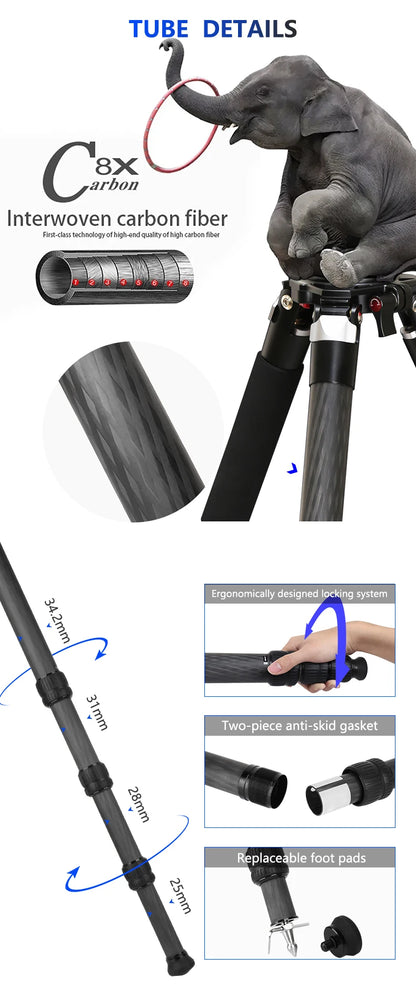 Trépied télescopique en fibre de carbone pour appareil photo et vidéo