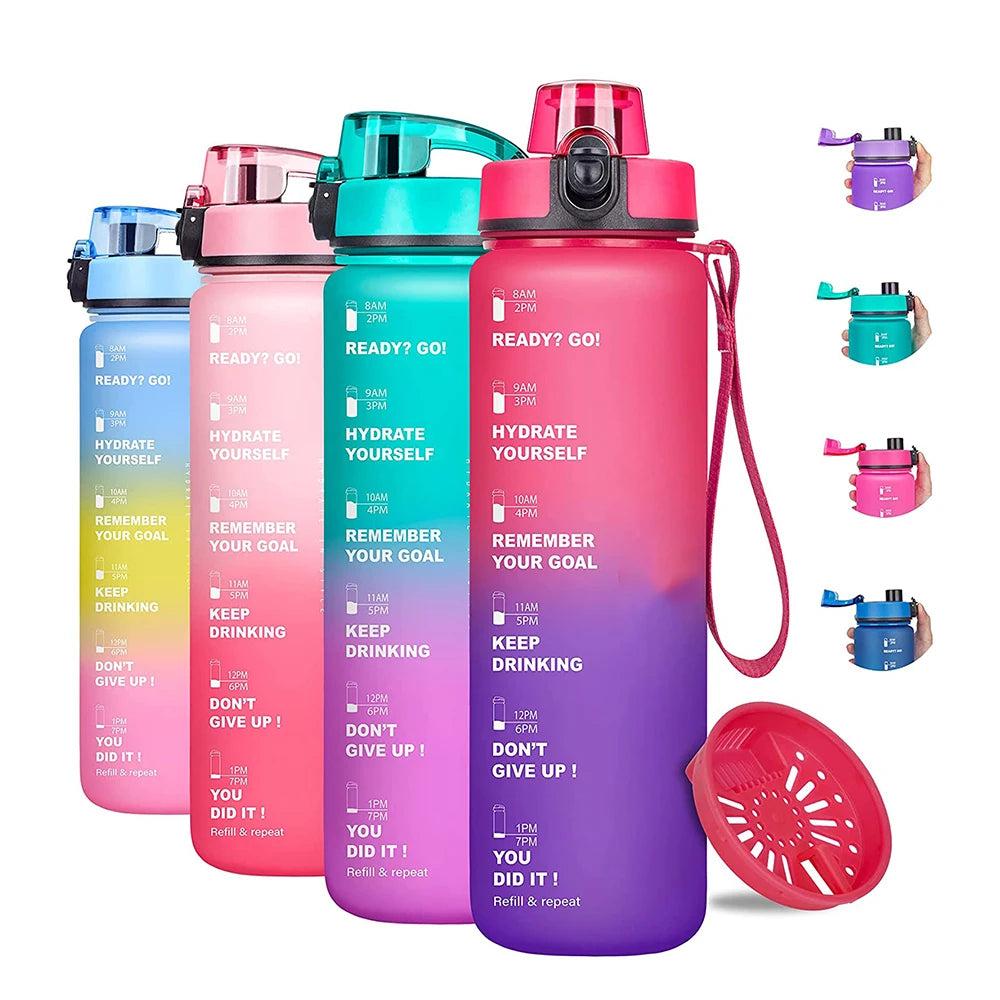 Gourde de sport 950 ml sans BPA avec repère horaire et bouchon rabattable