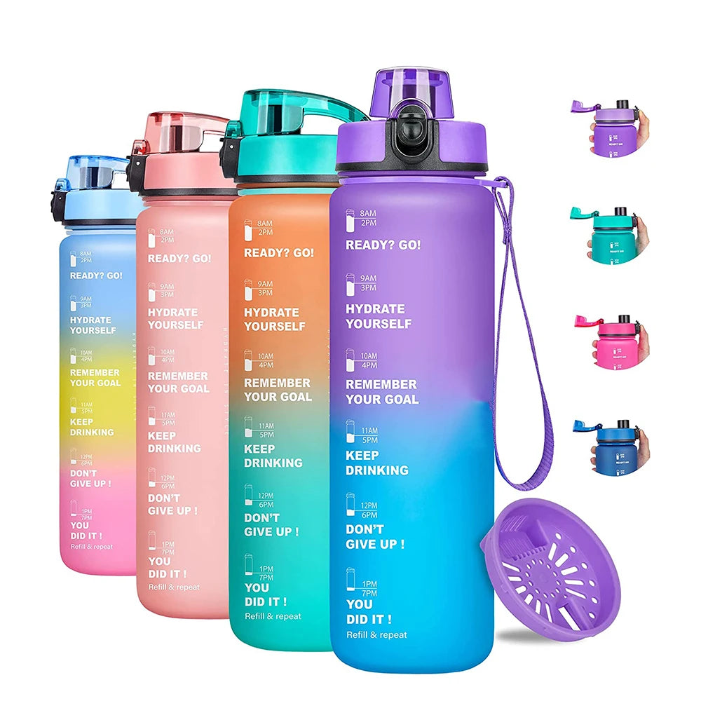Gourde de sport 950 ml sans BPA avec repère horaire et bouchon rabattable