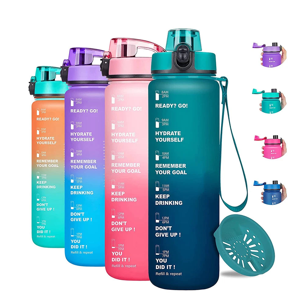 Gourde de sport 950 ml sans BPA avec repère horaire et bouchon rabattable