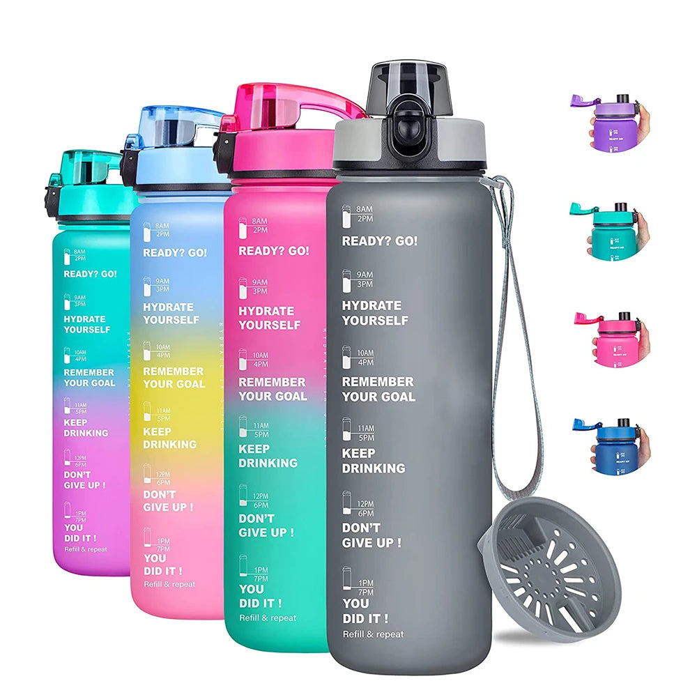 Gourde de sport 950 ml sans BPA avec repère horaire et bouchon rabattable