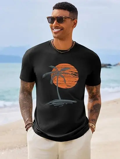 T-shirt hawaïen vintage pour homme en coton – manches courtes, motif palmier