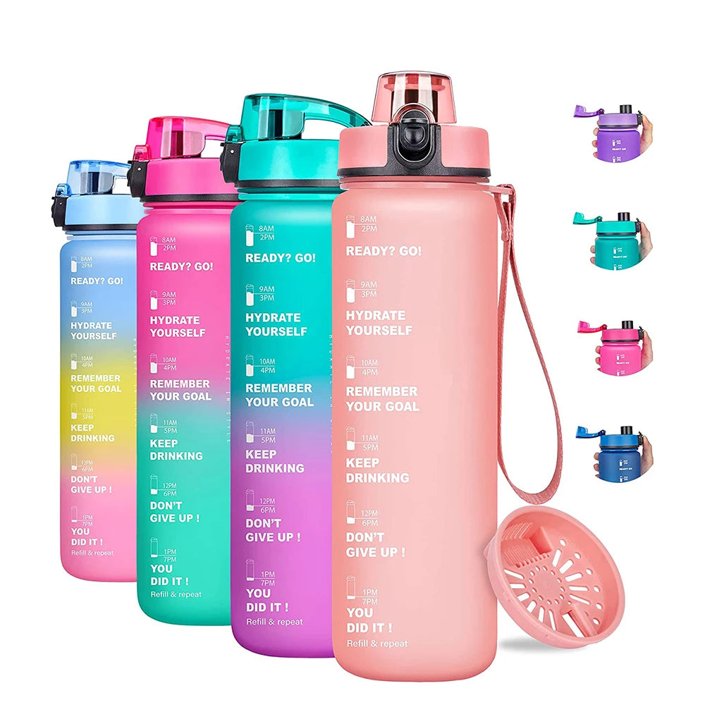 Gourde de sport 950 ml sans BPA avec repère horaire et bouchon rabattable