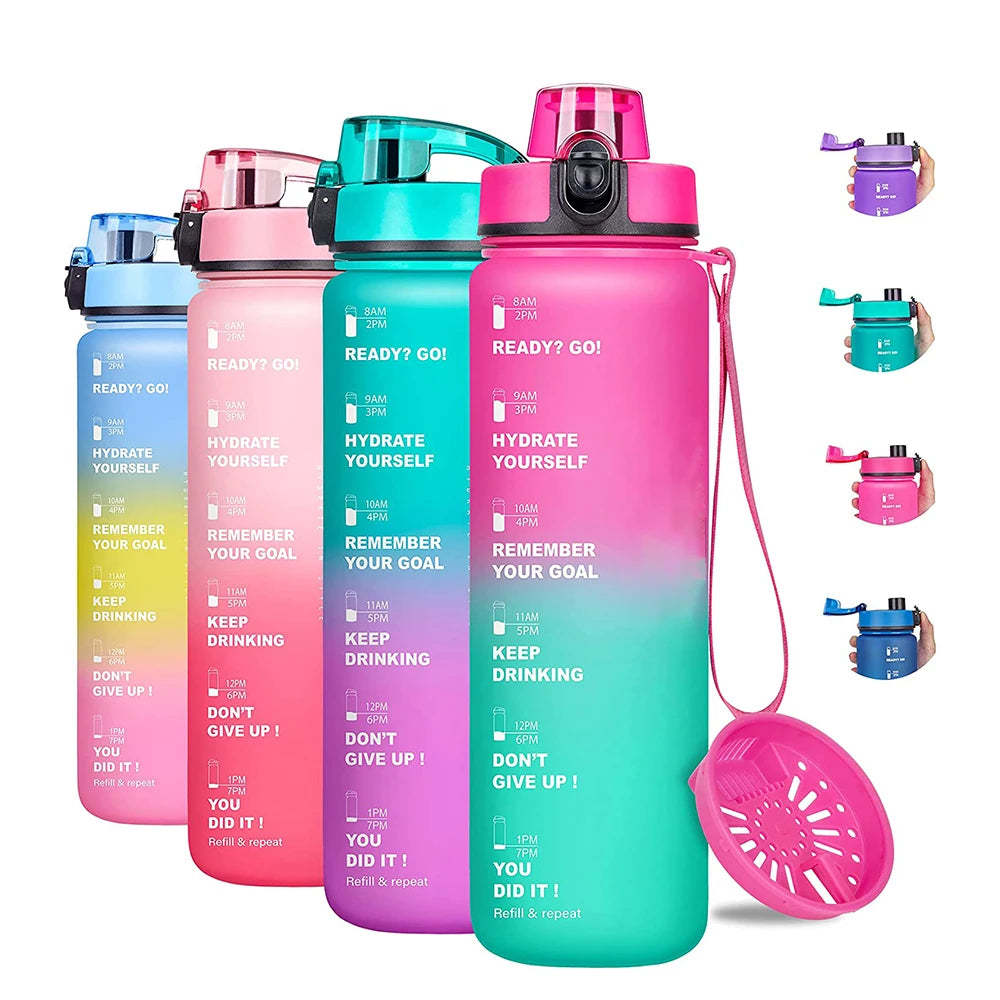 Gourde de sport 950 ml sans BPA avec repère horaire et bouchon rabattable