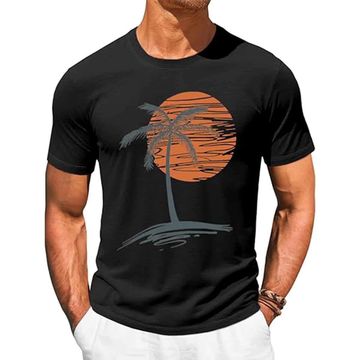 T-shirt hawaïen vintage pour homme en coton – manches courtes, motif palmier