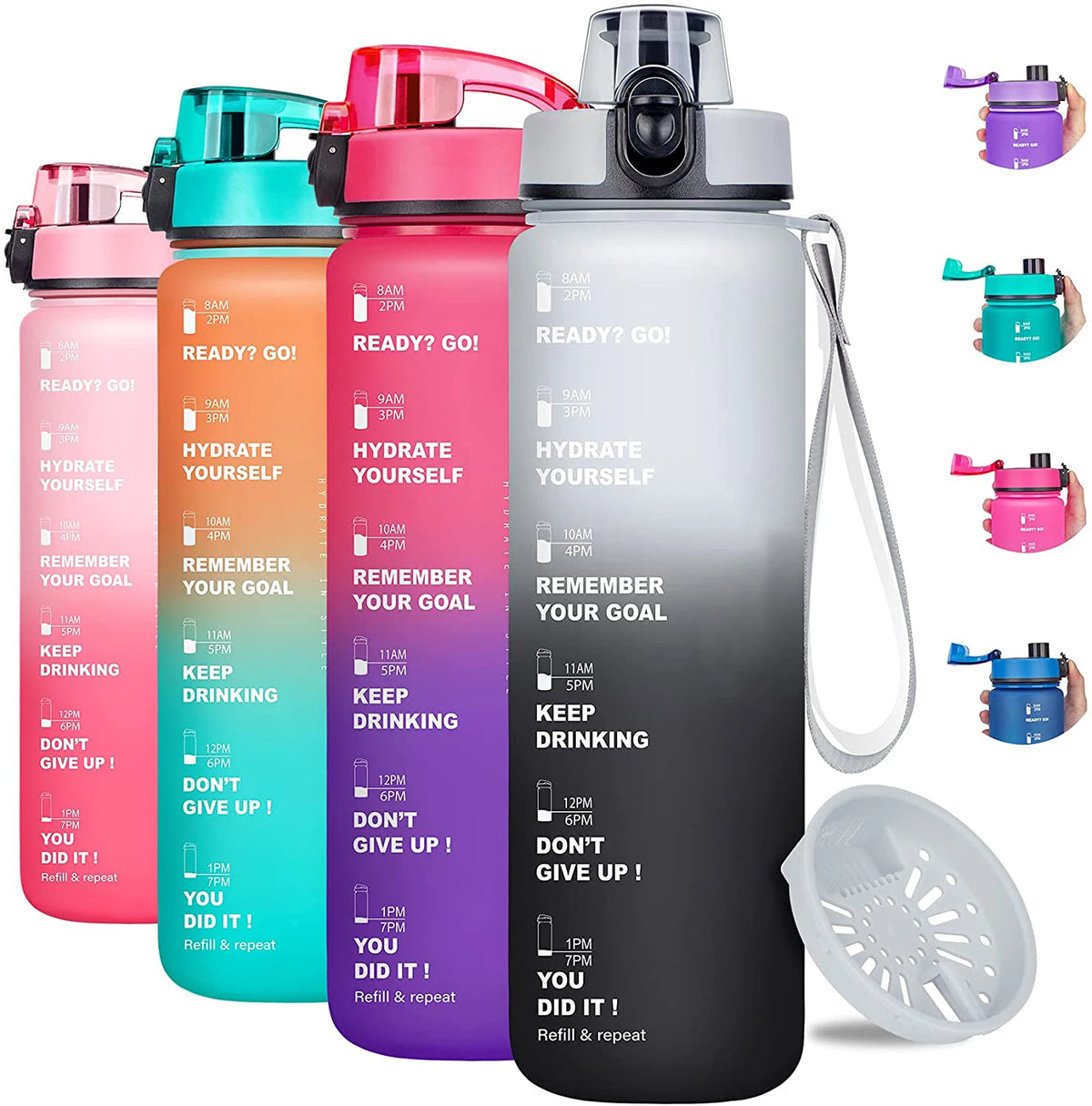 Gourde de sport 950 ml sans BPA avec repère horaire et bouchon rabattable