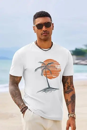 T-shirt hawaïen vintage pour homme en coton – manches courtes, motif palmier