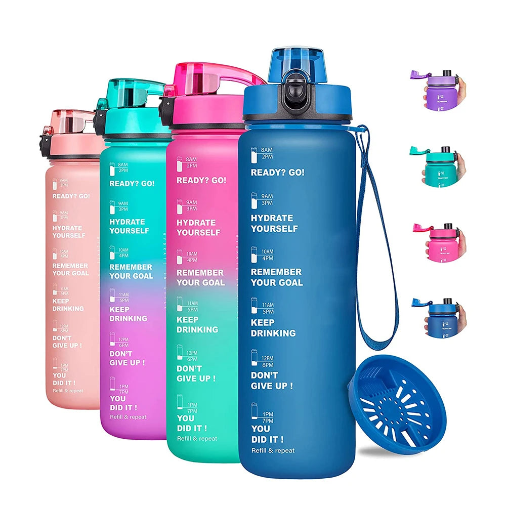 Gourde de sport 950 ml sans BPA avec repère horaire et bouchon rabattable
