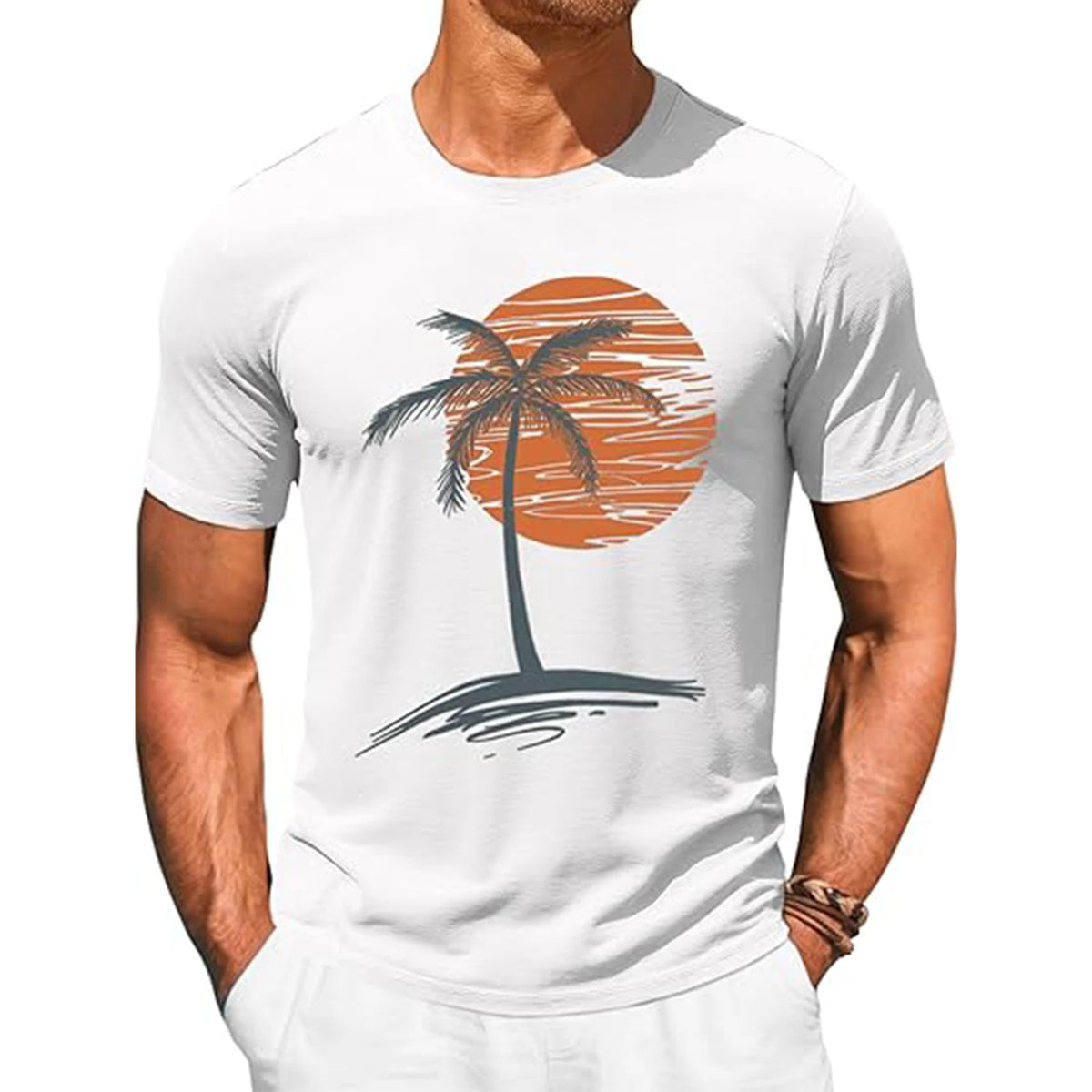 T-shirt hawaïen vintage pour homme en coton – manches courtes, motif palmier