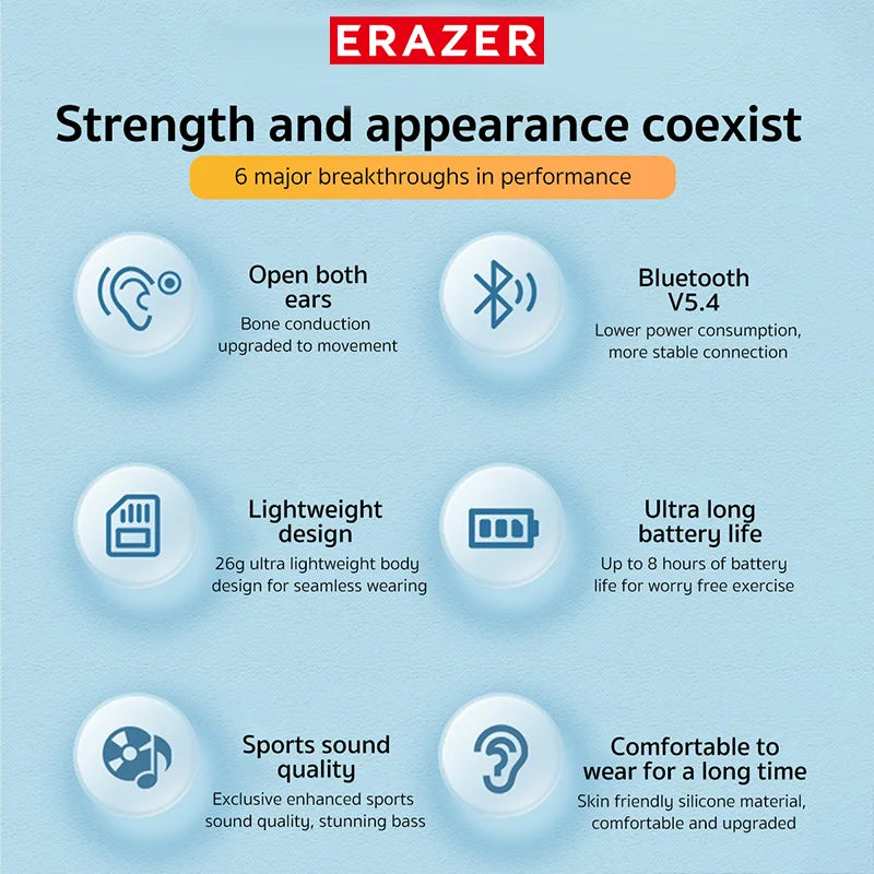 Écouteurs sportifs ERAZER XF22 à conduction osseuse, Bluetooth 5.4