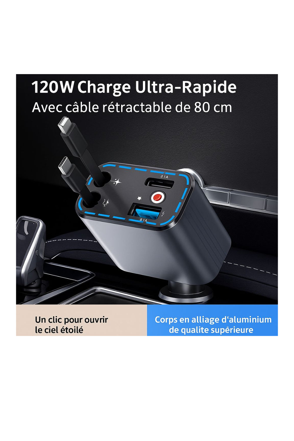 Chargeur Voiture Ultra-Rapide 120W – 80 cm Rétractable