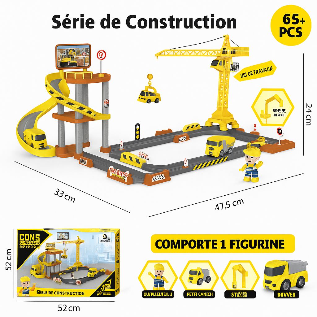 Set de Jeu de Construction – Série Chantier avec Grue, Véhicules et Accessoires