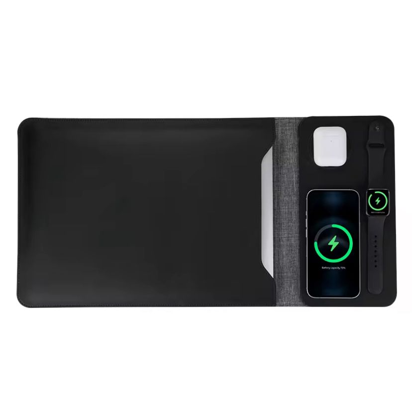 Tapis de Charge Sans Fil 3-en-1 avec Pochette Intégrée