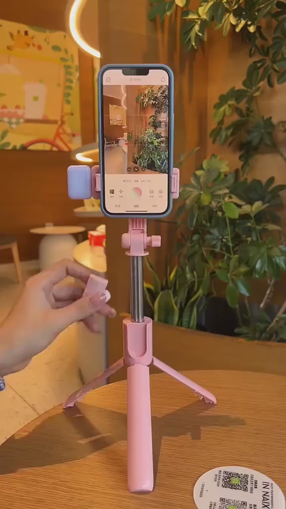 Perche à Selfie R1S-L avec Trépied Extensible de 1,7 m, Lumière d'Appoint, Rotation à 360° et Télécommande